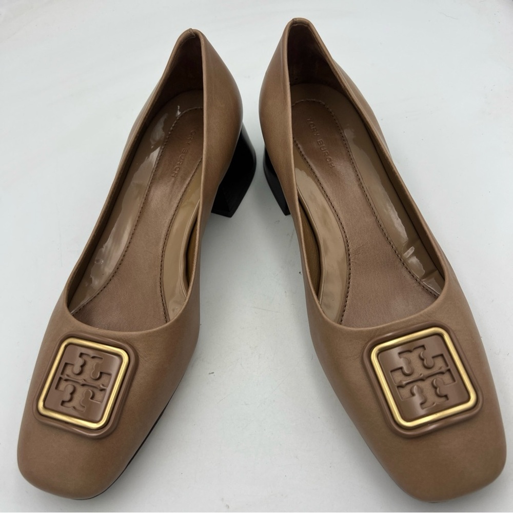TORY BURCH Georgia Leather 35mm Pump Square Heel Almond Flour Women’s Size 8.5 - Picture 15 of 15